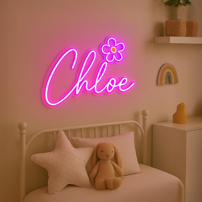 CHLOE LED Neon Name Sign by Neon.Shop adding vibrant LED glow to bedrooms, home offices, and living spaces.