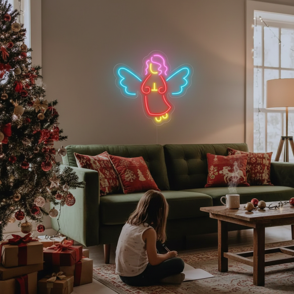 Christmas Angel Merry Christmas Neon Sign by Neon.Shop featuring a glowing angel design for holiday décor.