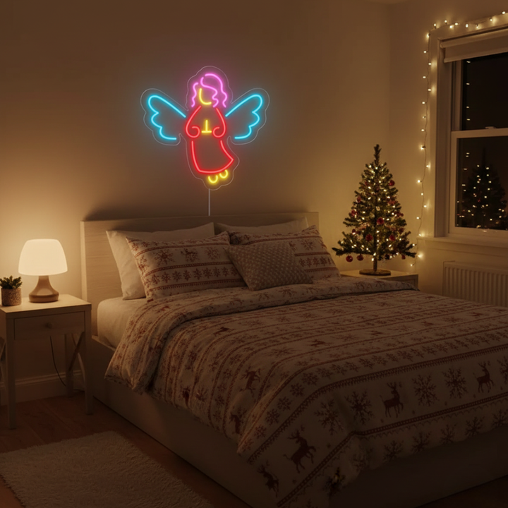Christmas Angel Merry Christmas Neon Sign by Neon.Shop featuring a glowing angel design for holiday décor.