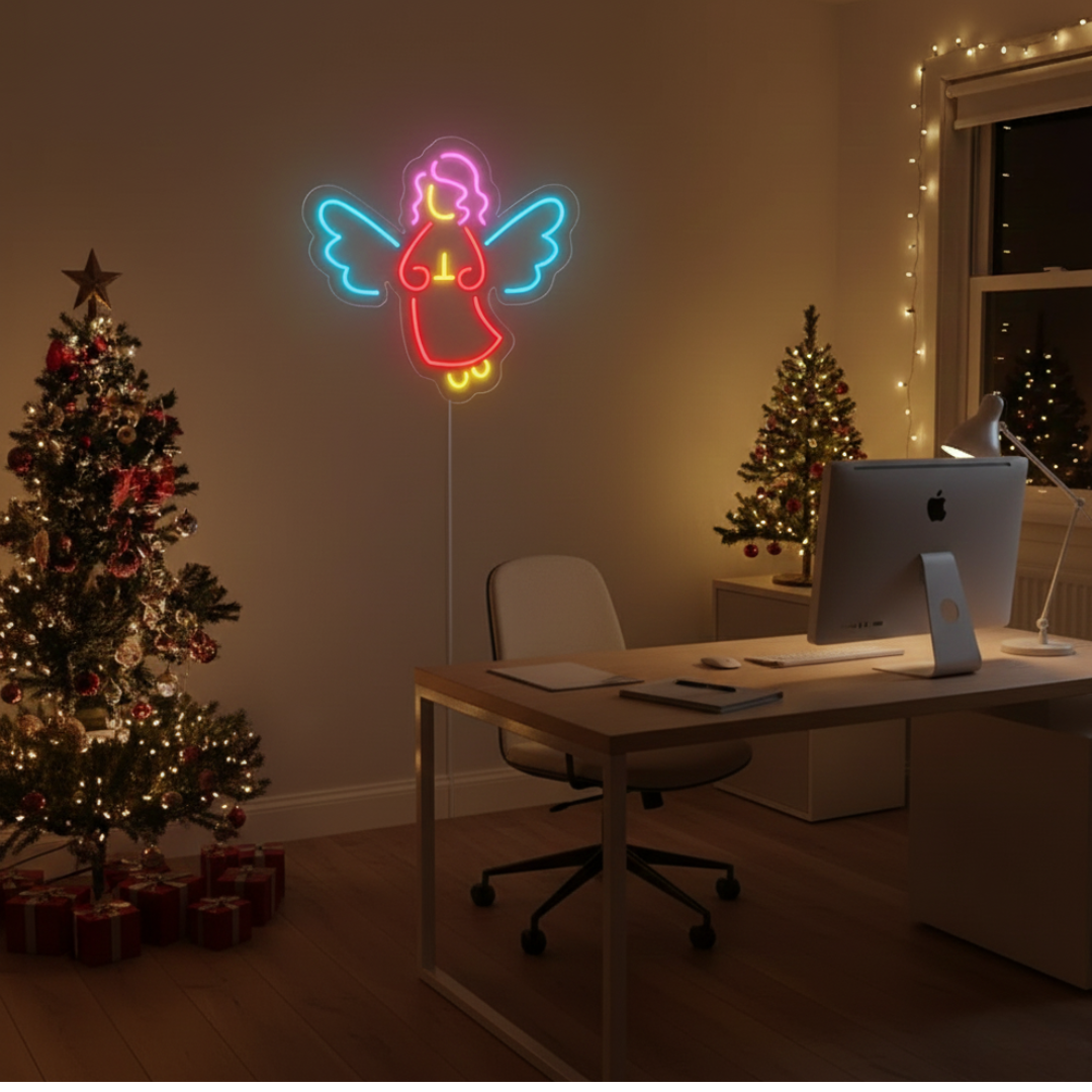 Christmas Angel Merry Christmas Neon Sign by Neon.Shop featuring a glowing angel design for holiday décor.