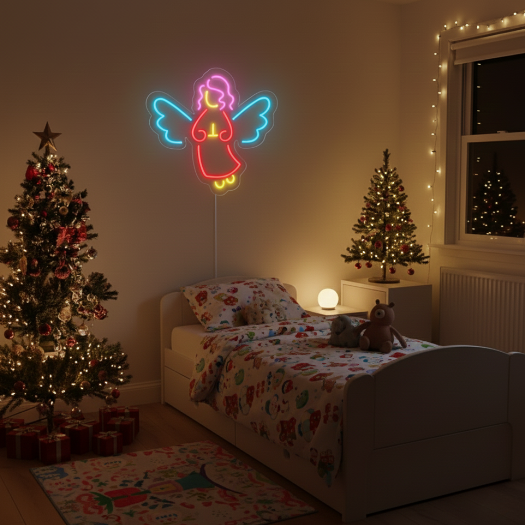 Christmas Angel Merry Christmas Neon Sign by Neon.Shop featuring a glowing angel design for holiday décor.