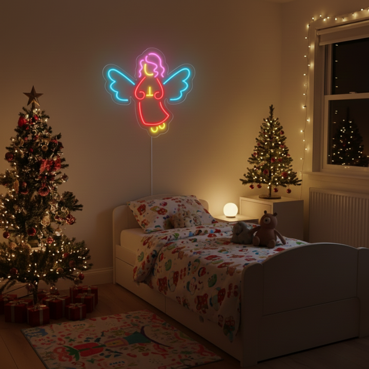 Christmas Angel Merry Christmas Neon Sign by Neon.Shop featuring a glowing angel design for holiday décor.