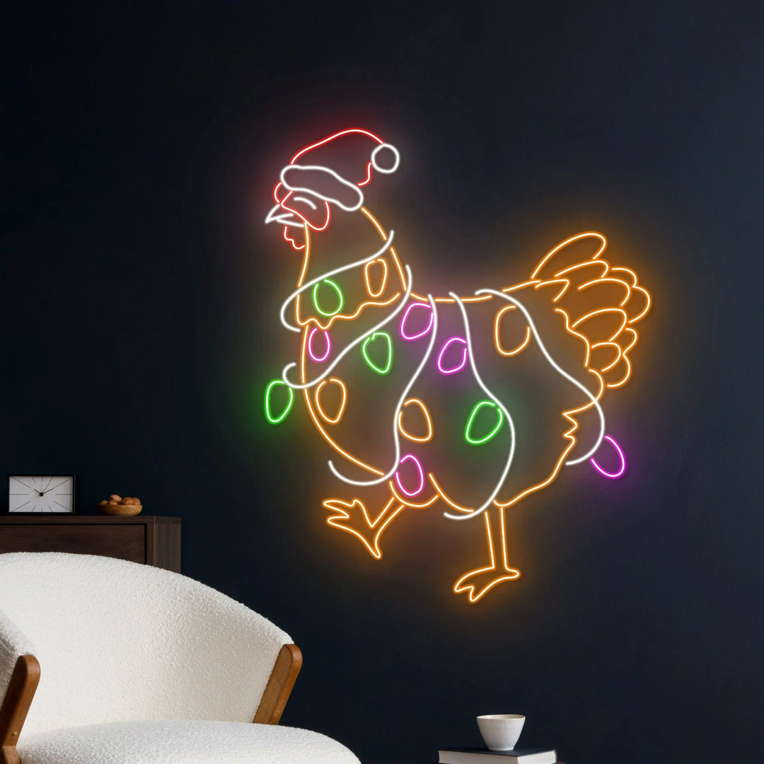 Christmas Chicken Neon Sign by manhattanneons.com - Add a playful touch to your holiday décor with this fun chicken-themed neon sign.