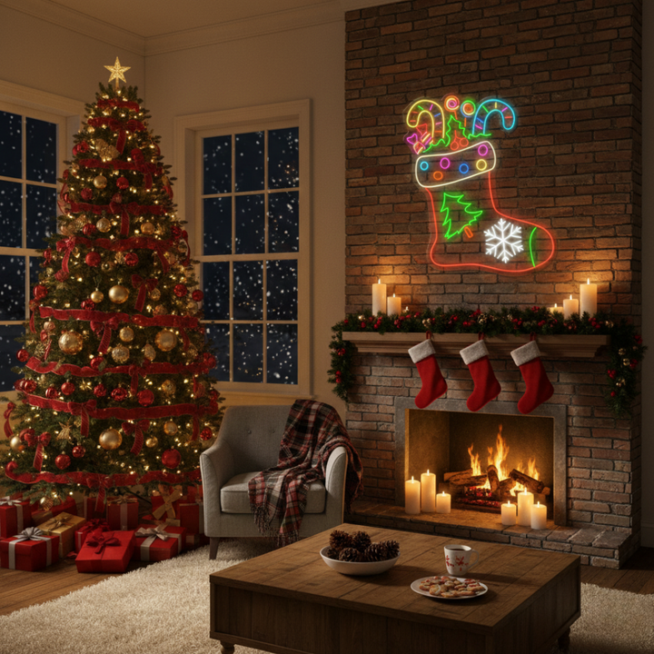 Christmas Sock Neon Sign by Neon.Shop - Add a festive touch with this Christmas sock neon sign to your holiday décor.