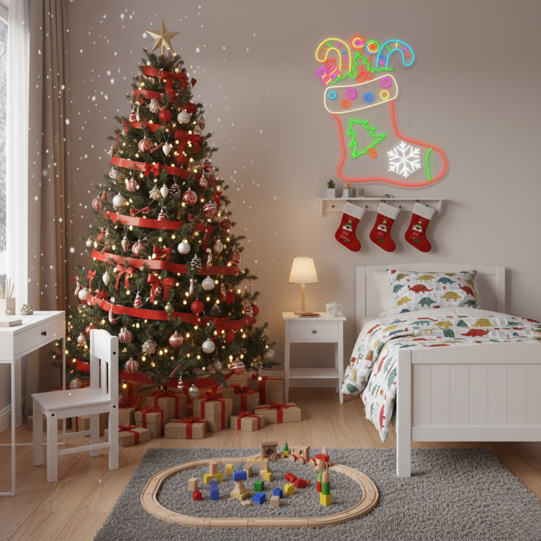 Christmas Sock Neon Sign by Neon.Shop - Add a festive touch with this Christmas sock neon sign to your holiday décor.