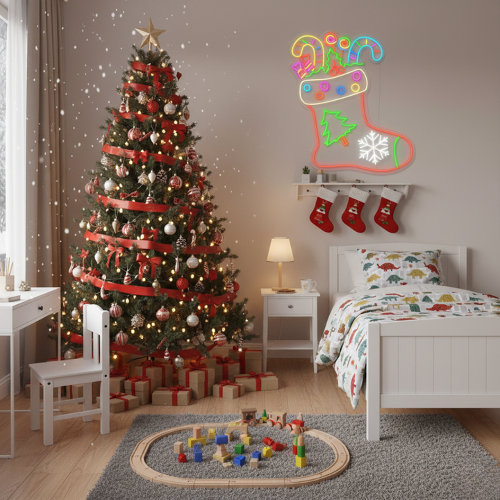 Christmas Sock Neon Sign by Neon.Shop - Add a festive touch with this Christmas sock neon sign to your holiday décor.