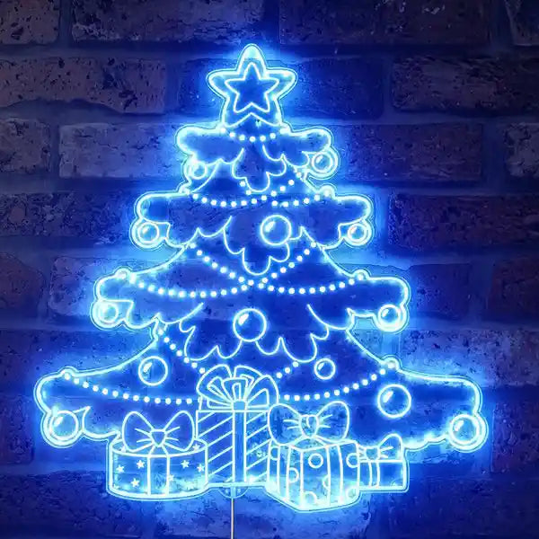 Christmas Tree Gifts Merry Christmas Neon Sign by Neon.Shop with glowing tree, gifts, and lettering on festive backdrop.