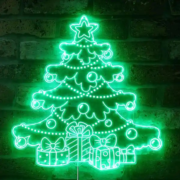 Christmas Tree Gifts Merry Christmas Neon Sign by Neon.Shop with glowing tree, gifts, and lettering on festive backdrop.