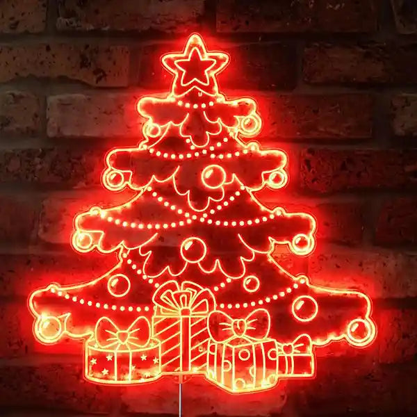 Christmas Tree Gifts Merry Christmas Neon Sign by Neon.Shop with glowing tree, gifts, and lettering on festive backdrop.