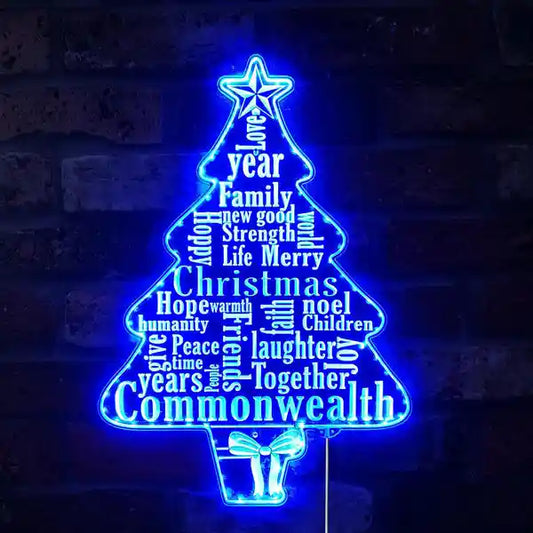 Christmas Tree Wishes Merry Christmas Neon Sign by Neon.Shop glowing with tree and festive lettering on holiday backdrop.