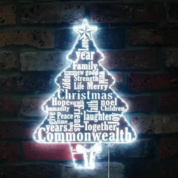 Christmas Tree Wishes Merry Christmas Neon Sign by Neon.Shop glowing with tree and festive lettering on holiday backdrop.