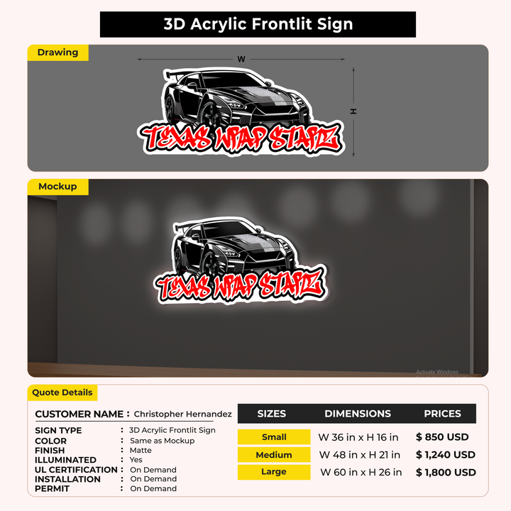 3D Acrylic Frontlit Sign For Christopher Hernandez