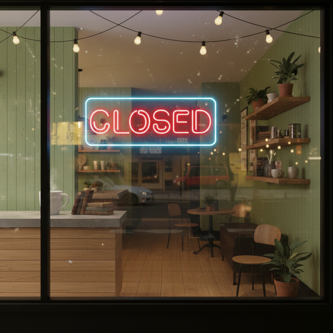 Closed Business Neon Sign by Neon.Shop glowing brightly for storefront visibility