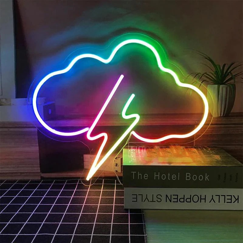 Cloud and Lightning LED neon sign glowing brightly, ideal for bedrooms, offices, game rooms, and modern home décor by Neon.Shop