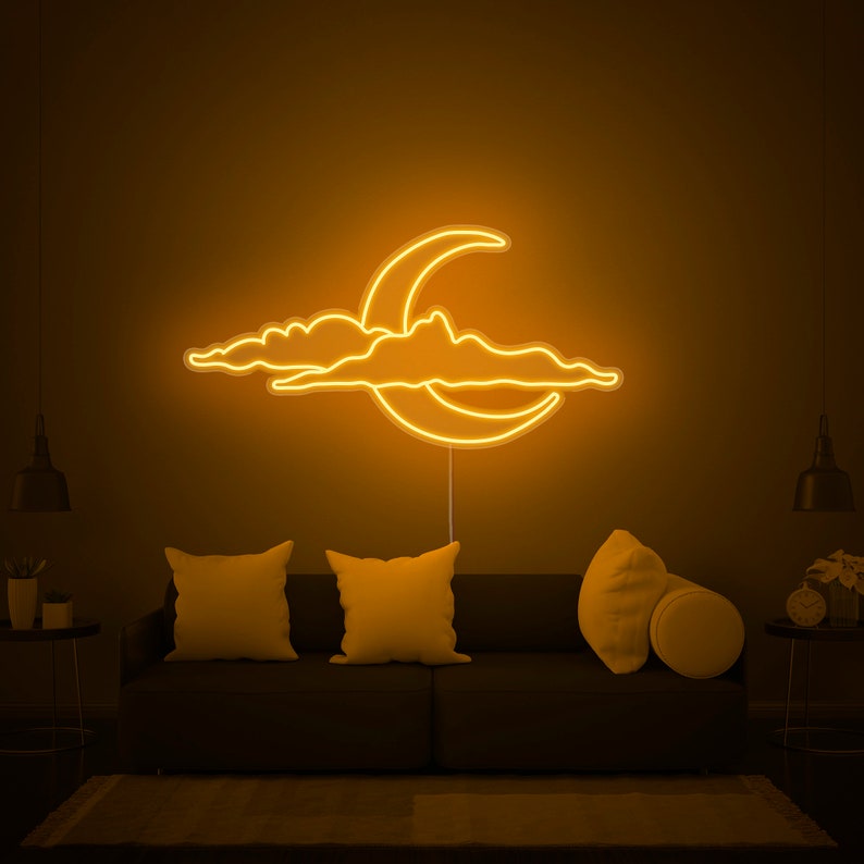 Cloud and Moon LED neon sign by Neon.Shop glowing on a wall as soft and dreamy celestial décor