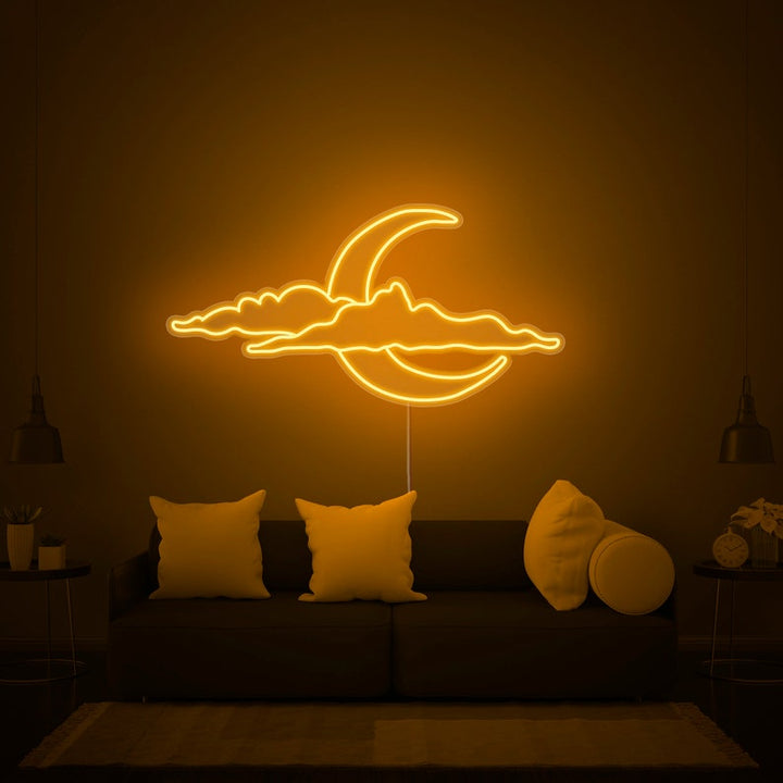 Cloud and Moon LED neon sign by Neon.Shop glowing on a wall as soft and dreamy celestial décor