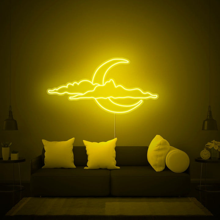 Cloud and Moon LED neon sign by Neon.Shop glowing on a wall as soft and dreamy celestial décor