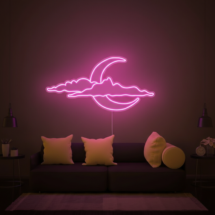 Cloud and Moon LED neon sign by Neon.Shop glowing on a wall as soft and dreamy celestial décor
