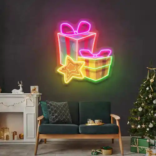 Present Merry Christmas Neon Sign by manhattanneons.com - Bring holiday joy to your space with this festive neon present sign.