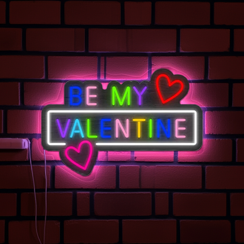 Colorful Be My Valentine with Hearts Valentine's Day Neon Sign