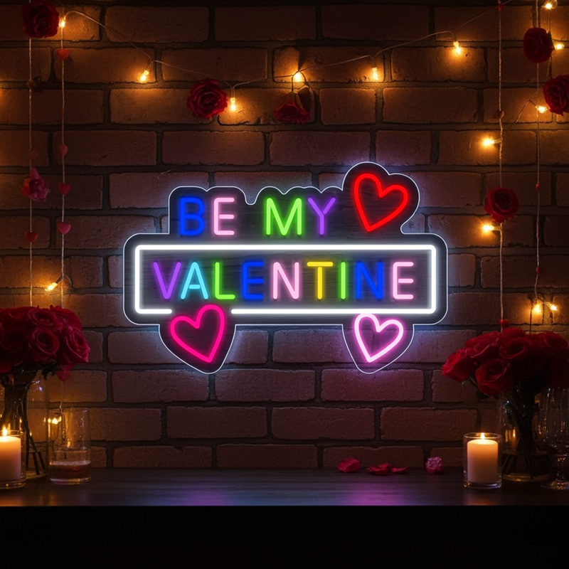 Colorful Be My Valentine with Hearts Valentine's Day Neon Sign