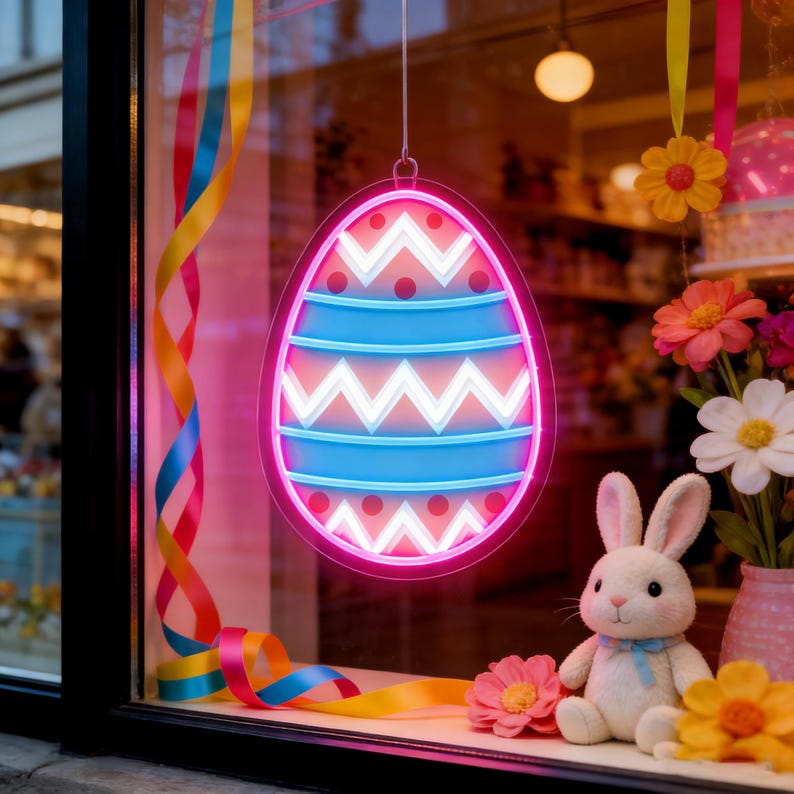 Colorful Easter Egg LED neon sign with UV printed design adding cheerful spring glow to living rooms, party backdrops, or shop windows by Neon.Shop.