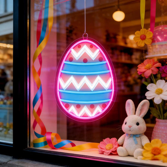 Colorful Easter Egg LED neon sign with UV printed design adding cheerful spring glow to living rooms, party backdrops, or shop windows by Neon.Shop.
