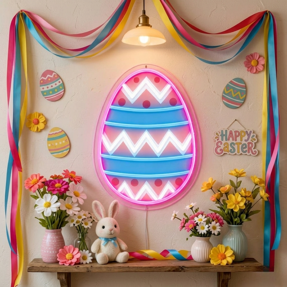 Colorful Easter Egg LED neon sign with UV printed design adding cheerful spring glow to living rooms, party backdrops, or shop windows by Neon.Shop.