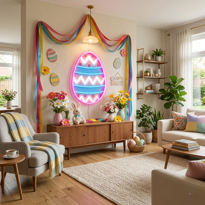 Colorful Easter Egg LED neon sign with UV printed design adding cheerful spring glow to living rooms, party backdrops, or shop windows by Neon.Shop.