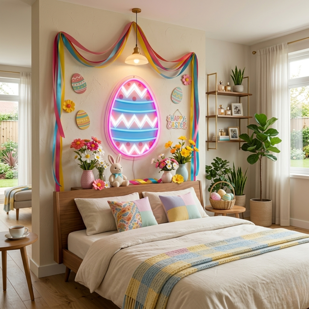 Colorful Easter Egg LED neon sign with UV printed design adding cheerful spring glow to living rooms, party backdrops, or shop windows by Neon.Shop.