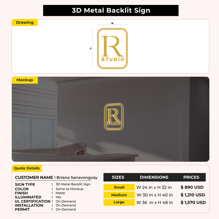 3D Metal Backlit Sign for Briana Sanavongxay