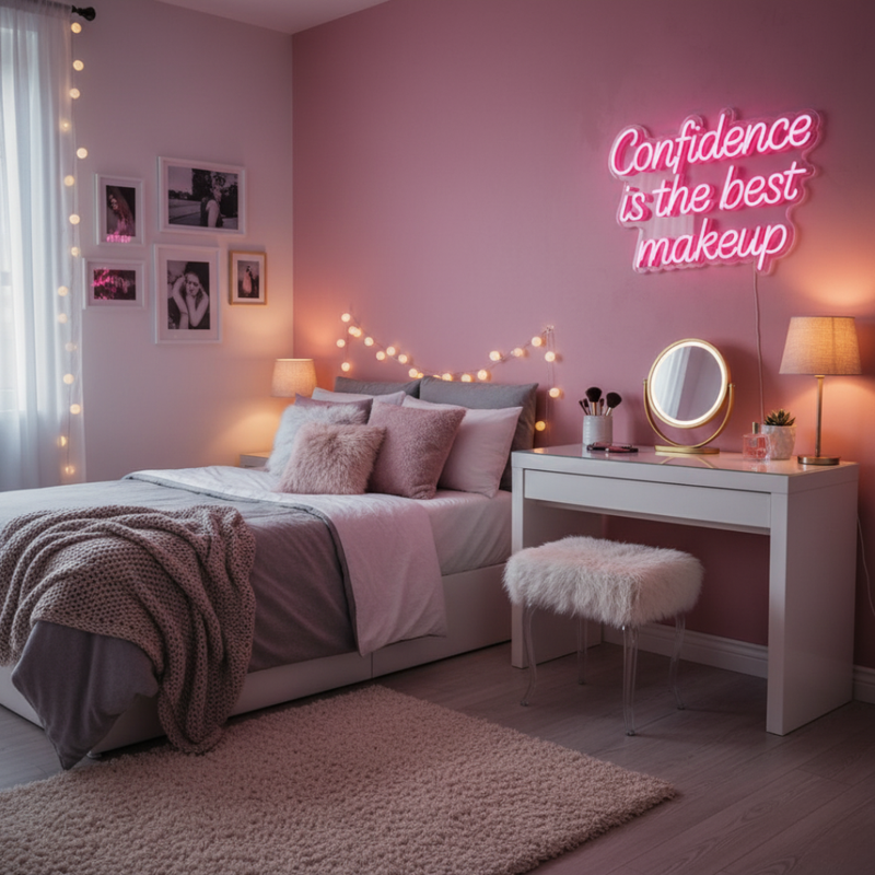 Confidence Is the Best Makeup motivational LED neon sign wall light for bedroom, beauty studio, or home décor by Neon.Shop.