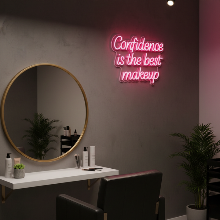 Confidence Is the Best Makeup motivational LED neon sign glowing in modern typography, inspirational wall light for bedroom, beauty studio, or home décor by Neon.Shop.