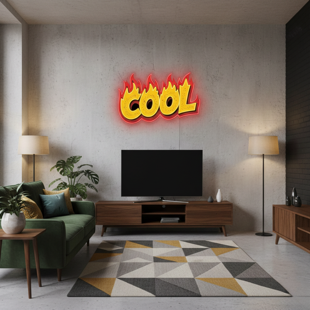 Cool Flames UV printed LED neon sign by Neon.Shop glowing on a modern wall as bold and stylish neon décor