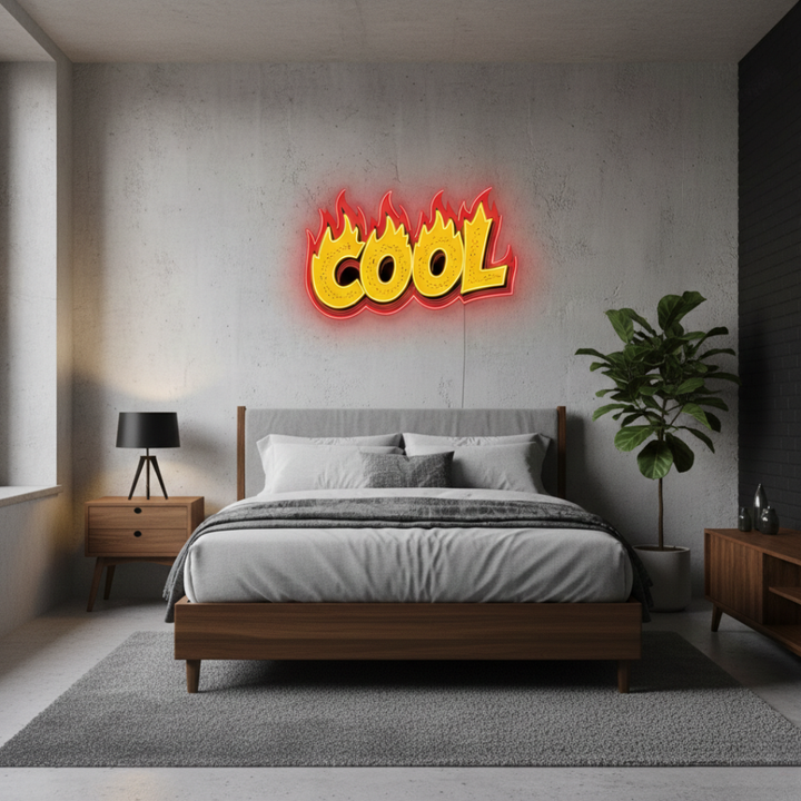 Cool Flames UV printed LED neon sign by Neon.Shop glowing on a modern wall as bold and stylish neon décor