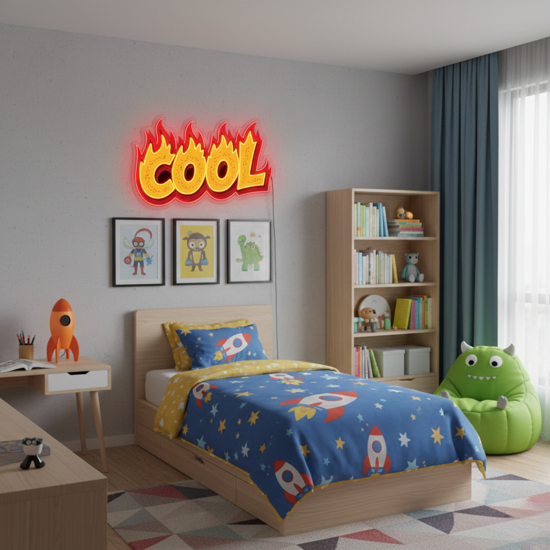 Cool Flames UV printed LED neon sign by Neon.Shop glowing on a modern wall as bold and stylish neon décor