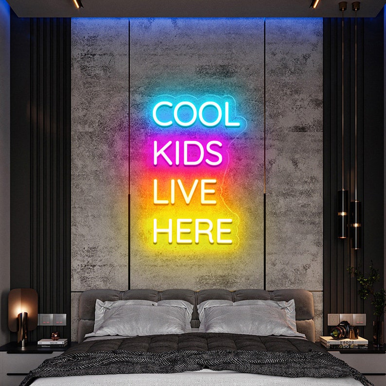 Cool Kids Live Here Neon Sign displayed in playroom or teen room by Neon.Shop