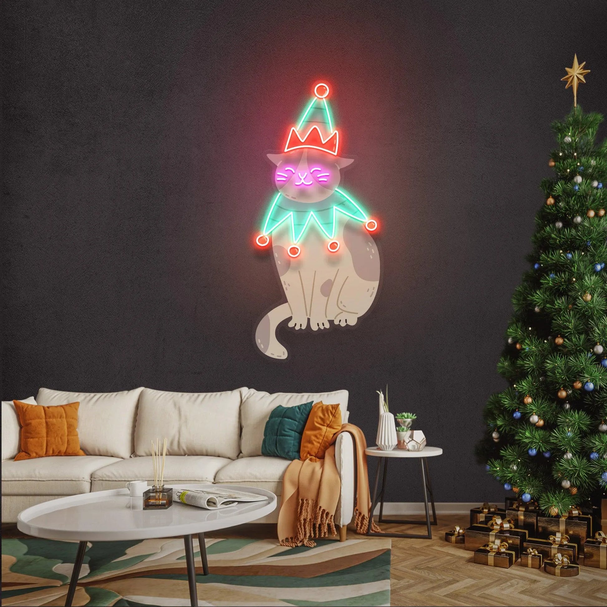 “Costumed Cat Merry Christmas Neon Sign by Neon.Shop featuring a glowing festive cat design for holiday décor.