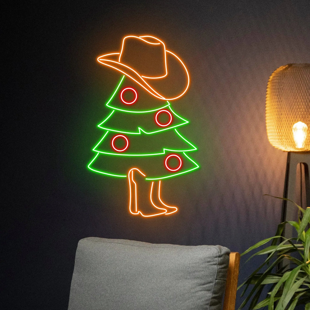 Cowboy Christmas Tree Merry Christmas Neon Sign by manhattanneons.com - Bring festive flair with this cowboy-themed Christmas tree neon sign.