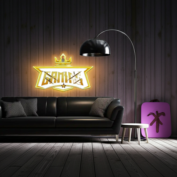 Crown Gaming UV Art LED neon sign with vibrant crown illustration glowing in colors by Neon.Shop