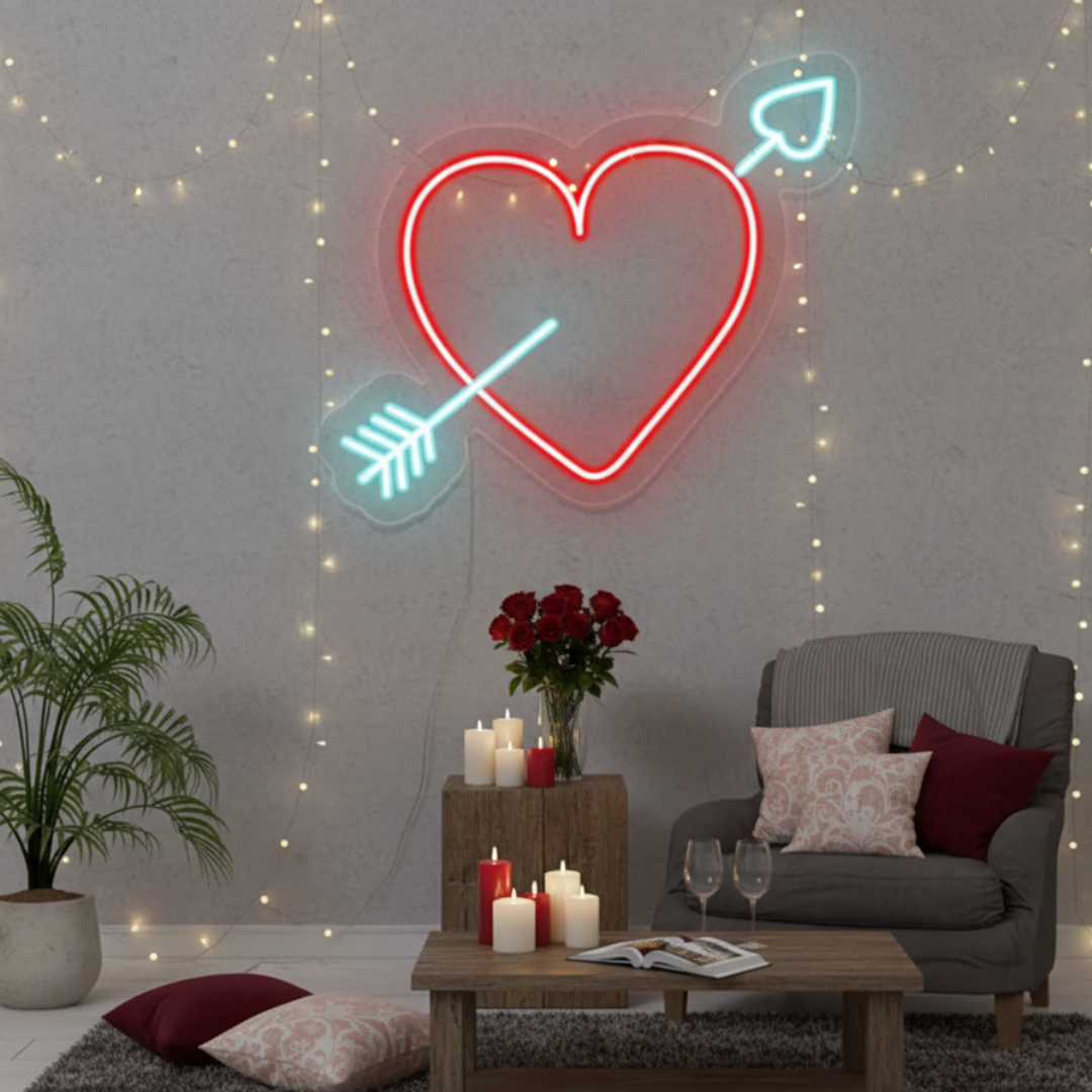 Cupid Heart Love LED neon wall sign by Neon.Shop glowing beautifully in a stylish interior, expressing love, passion, and emotional connection your space.