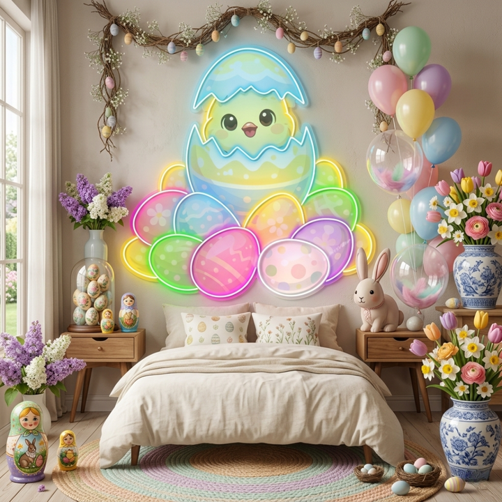 Cute Easter Chick Neon Sign glowing LED wall decor by Neon.Shop