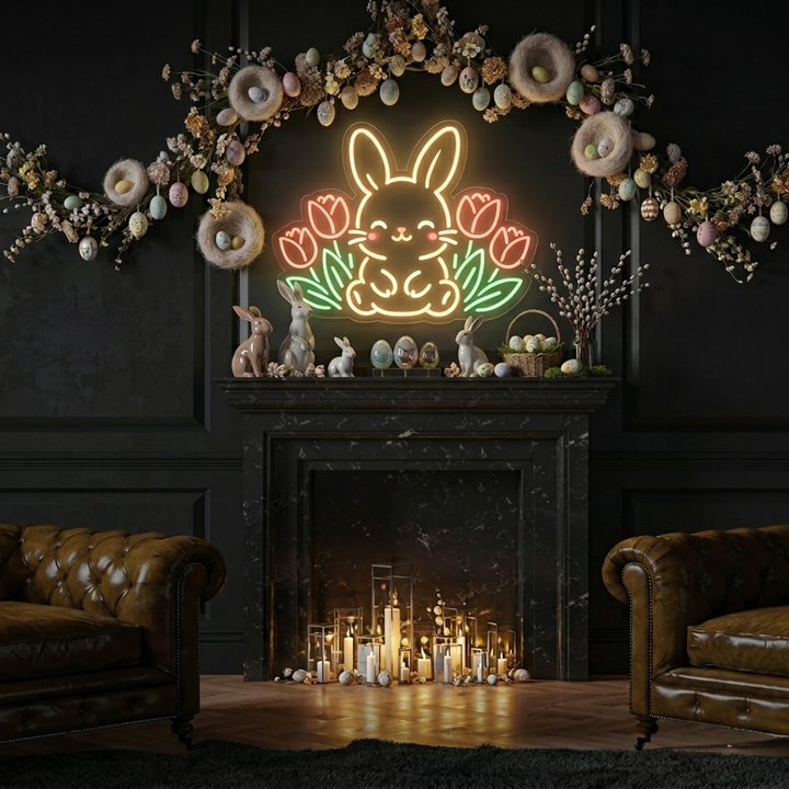 Cute Rabbit Floral Spring & Easter LED Neon Sign glowing bunny with flowers by Neon.shop
