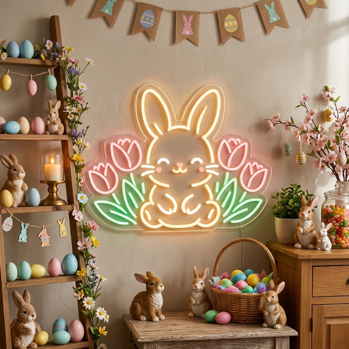 Cute Rabbit Floral Spring & Easter LED Neon Sign glowing bunny with flowers by Neon.shop