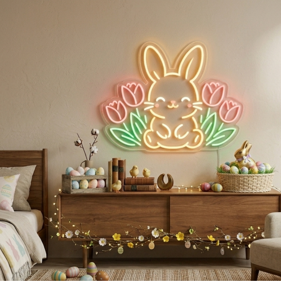 Cute Rabbit Floral Spring & Easter LED Neon Sign glowing bunny with flowers by Neon.shop