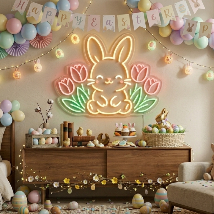 Cute Rabbit Floral Spring & Easter LED Neon Sign glowing bunny with flowers by Neon.shop