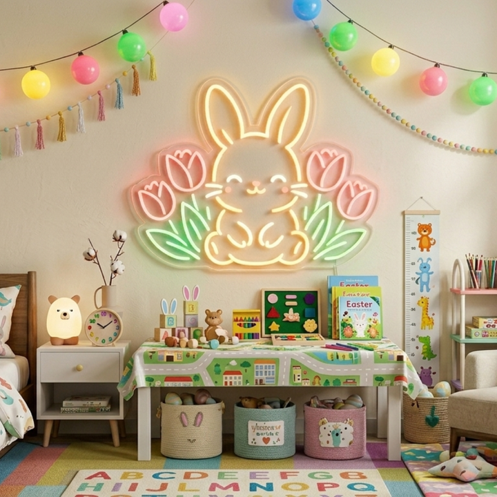 Cute Rabbit Floral Spring & Easter LED Neon Sign glowing bunny with flowers by Neon.shop