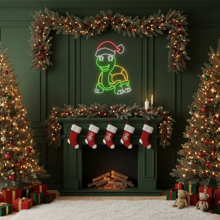 Cute turtle Christmas décor LED neon sign illuminating rooms by Neon.Shop.