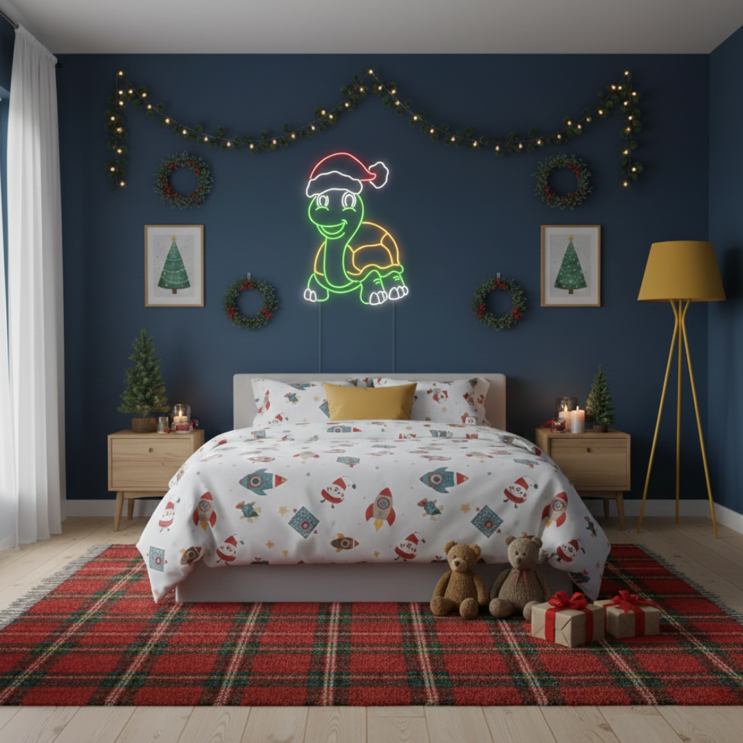 Cute turtle Christmas décor LED neon sign illuminating rooms by Neon.Shop.