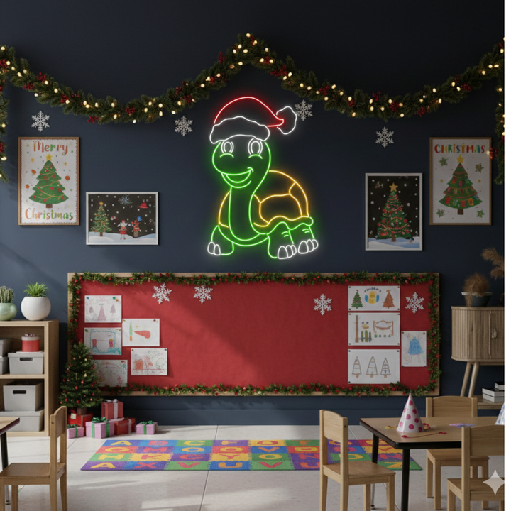 Cute turtle Christmas décor LED neon sign illuminating rooms by Neon.Shop.